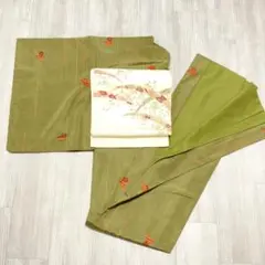 【B140】着物 紬風 袷 正絹 深緑 単品販売 着付練習やリメイクに
