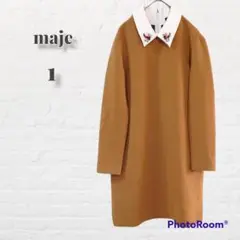 maje ワンピース ミニ 膝上 長袖 茶色 ビジュー トンボ レディース