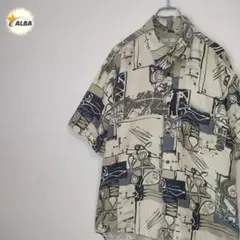 デザインシャツ　レトロ　アートデザイン　絹　シルク　ヴィンテージ　白　半袖
