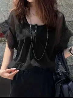 SHEIN FRIFUL ブラック シースルー フリル袖 トップス
