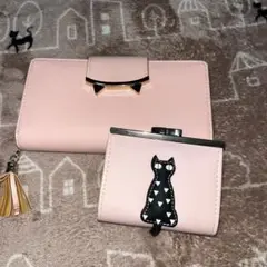 新品未使用　猫シルエット付きピンク二つ折り財布　2点セット
