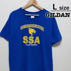 USA古着　ギルダン　Tシャツ　L　ブルー　イエロープリント　スクール　ジャガー