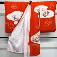 子供用 朱色に鶴や花々が描かれた振袖 七五三 着物