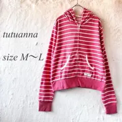 tutuanna フルジップパーカー M~L ボーダー 赤白 ポケット 652