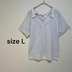 リップスター　半袖　ストライプ　レースアップ　スキッパーブラウス