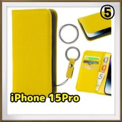 iPhone 15 Pro 手帳型 スマホケース リング カード入 イエロー ⑤