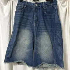 デニムブルー ハーフパンツ フリンジ裾