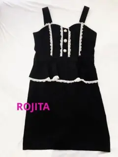 ROJITAノースリーブ黒ワンピース レーストリム付き