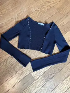 COCO DEAL 黒　パール付き　リブ編み ボレロカーディガン