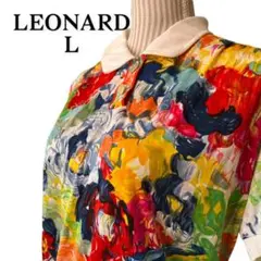 LEONARDレオナールポロシャツブラウス総花柄金ボタンコットン100%サイズL