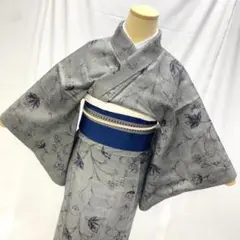 【1396】着物 紬 正絹 袷 素鼠色 唐花 ~154.5cm 単品販売♪