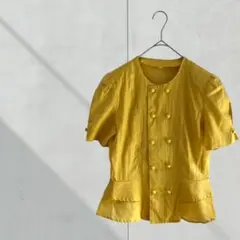 3624【一点モノ】リネンシャツ　麻　昭和レトロ　イエロー　パワーショルダー　M