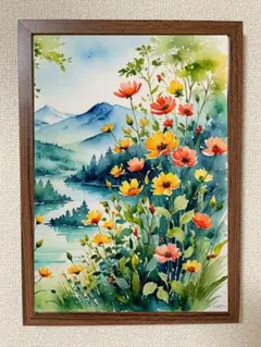 水彩画 花と風景 A4サイズ　フレーム付き　壁掛け用フック有