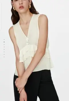 新品ZARA シェルボタンAラインフリルタンクトップ アイボリー M