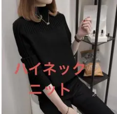 韓国 カジュアル ハイネック ブラックニット 秋、冬