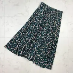 美品 エクラン プリーツスカート ロング丈 花柄 緑 フリーサイズ*HB1620