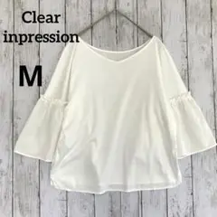【クリアインプレッション】Vネックフレア袖五分袖Tシャツ 白M透け感シンプル無地