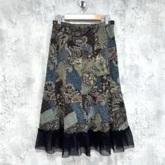 美品✨ペイズリー柄 ロングフレアスカート レース 裏地付き ウエストゴム L