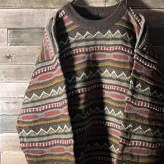 3d knit 立体編み ニットセーター ボーダー ネイティブ アースカラー L