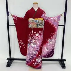 振袖フルセット◆赤◆花柄◆成人式◆裄66.5◆正絹◆草履バックセット◆S-57