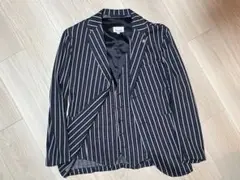 【美品】ジャンネット ストレッチテーラードジャケット ラペルピン ストライプ 紺 美品】ジャンネット ストレッチテーラードジャケット ラペルピン