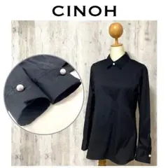 美品【CINOH】大粒パールボタン　長袖シャツブラウス　ストレッチ　黒