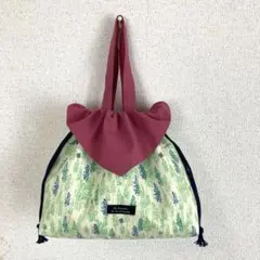 ハンドメイド巾着バック、巾着袋、トートバッグ、えり飾り　　野原とかくれんぼちょう