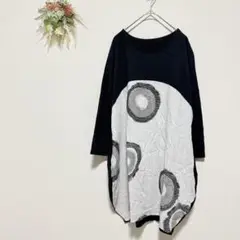 チャーム 【F】 チュニック ドロップショルダー リネンブレンド バイカラー 黒