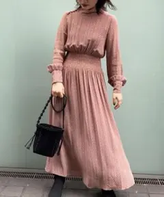 【FRAY I.D 】ハイネックショルダーボタンワンピース 長袖 オレンジ 総柄