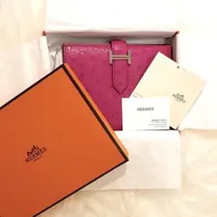 【美品】HERMES 折り財布 ピンク パープル オーストリッチ べアンスフレ