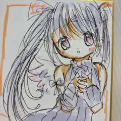 新作。訳あり。手描きイラスト。小色紙。天使のツインテールの女の子