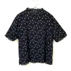 Tシャツ 花柄 袖メロウ ハイネック 日本製 半袖 シンプル 薄手 S
