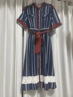 axes femme レース切り替えワンピース　ネイビー ストライプ 半袖