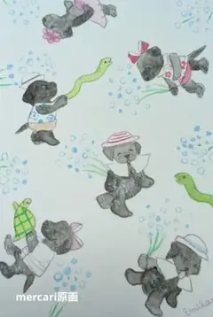 ハガキサイズ/原画　　　　　　黒い犬　包装紙風