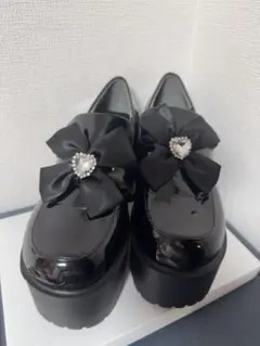 厚底ローファー風靴 黒 リボン付き
