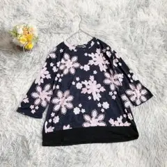 【エフティーコレクション】七分袖カットソー シャツ 花柄 ネイビー