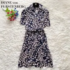 美品✨DVF シルク100% ラップワンピース 膝丈 ハート 総柄 ネイビー 0