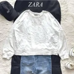 Z5【ザラ】トレーナー　刺繍メッシュ　ドロップショルダー　白　L カジュアル