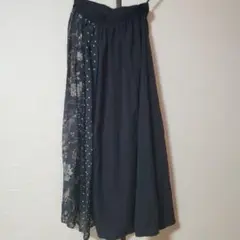 しまむら　ブラック プリーツロングスカート 花柄 ドット　L