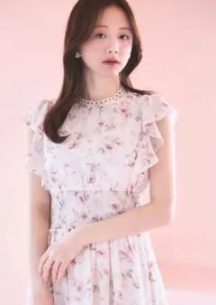 【トッコ】♡リングレース付き♡ウエストシャーリングフラワープリントワンピース