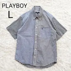 ★美品★【L】プレイボーイ　ギンガムチェック　半袖シャツ　切り替え　黒
