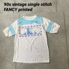 80s ヴィンテージ　シングルステッチ　ファンシープリント　USA製　白水色