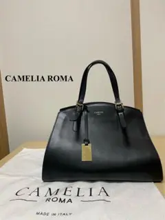 美品 カメリアローマ 本革 ハンドバッグ ブラック 金金具 イタリア製 保存袋付