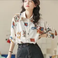 レトロ柄❤ ブラウス 長袖 L レディース おしゃれ ゆったり シャツ