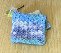 かぎ針編みのグラデーションミニニッタオル　ニットタオル　ハンカチ 夏　紫陽花風