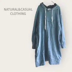 natural&casual〜【L】デニムワンピース　膝丈　フード　ブルー　綿