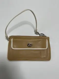 【美品】ベージュ レザー ミニ ポーチ ターンロック