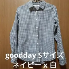 ネイビー 白 チェック長袖シャツ Sサイズ good day 綿100%