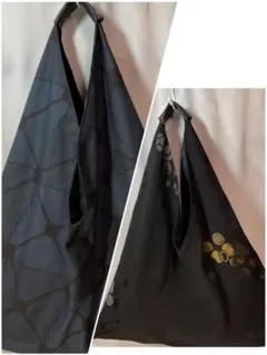 大島紬×縫取り絵羽三角バッグリバーシブルハンドメイドトートバッグ７８６