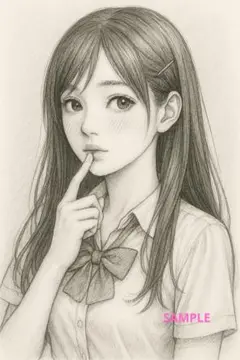 モノクロ鉛筆画 女性ポートレート 甘酸っぱいデートの予感 アートNo.71